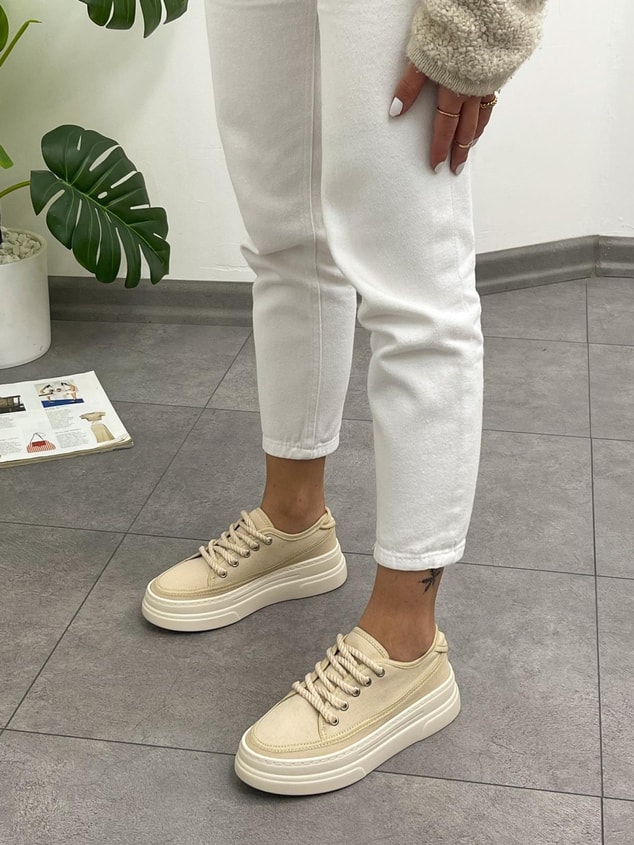 Ekru Keten (Werner) Bağcıklı Kadın Sneakers