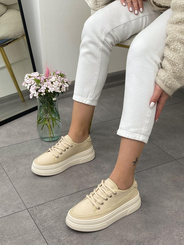 Ekru Keten (Werner) Bağcıklı Kadın Sneakers