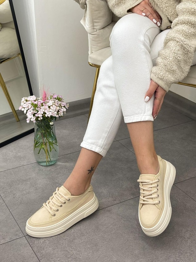 Ekru Keten (Werner) Bağcıklı Kadın Sneakers