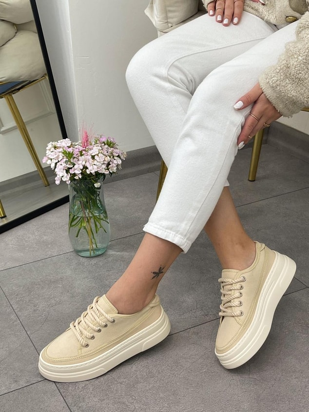 Ekru Keten (Werner) Bağcıklı Kadın Sneakers