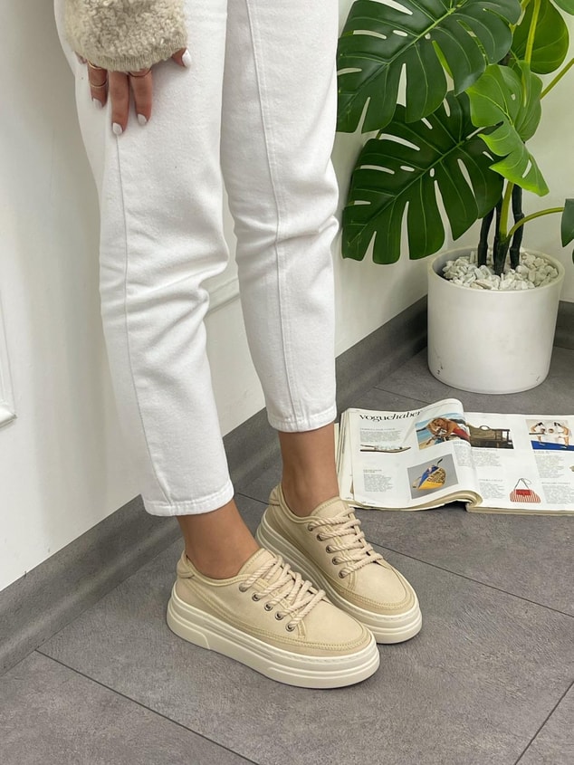 Ekru Keten (Werner) Bağcıklı Kadın Sneakers