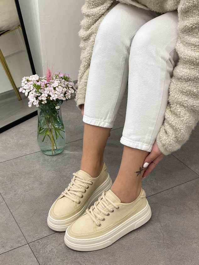 Ekru Keten (Werner) Bağcıklı Kadın Sneakers