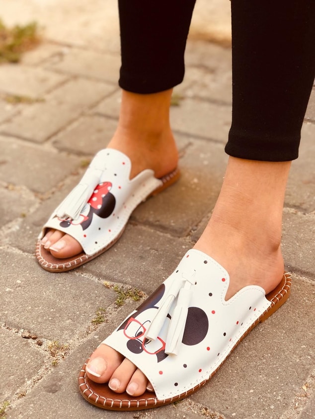 Frida Beyaz Mickey Ince Taban Babet-Sandalet