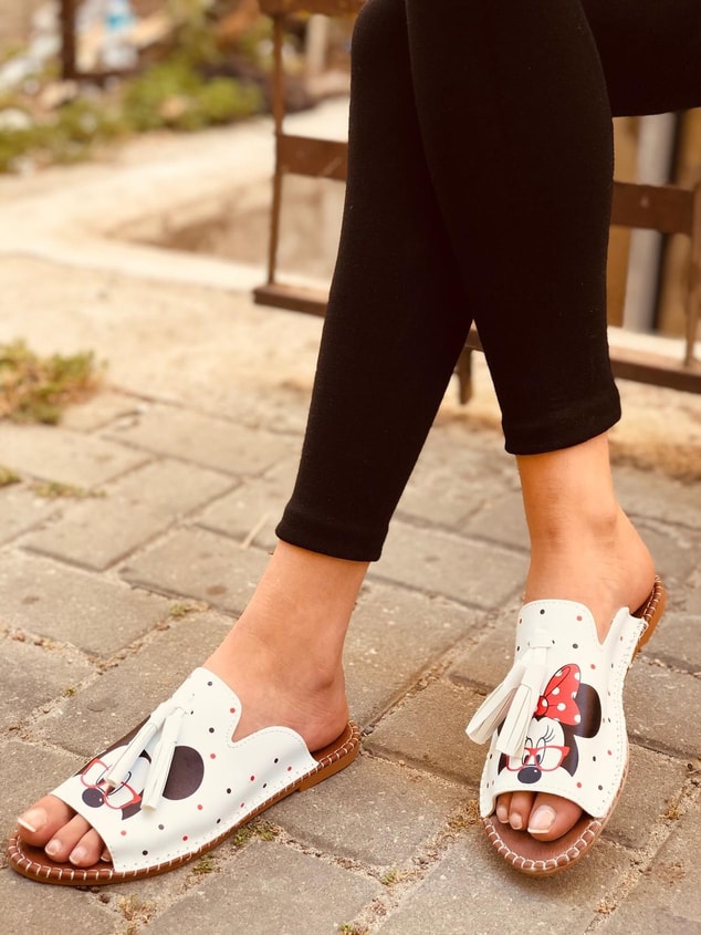 Frida Beyaz Mickey Ince Taban Babet-Sandalet