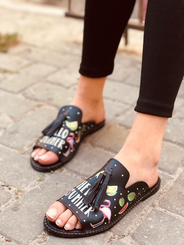 Frida Siyah Summer İnce Taban Babet-Sandalet