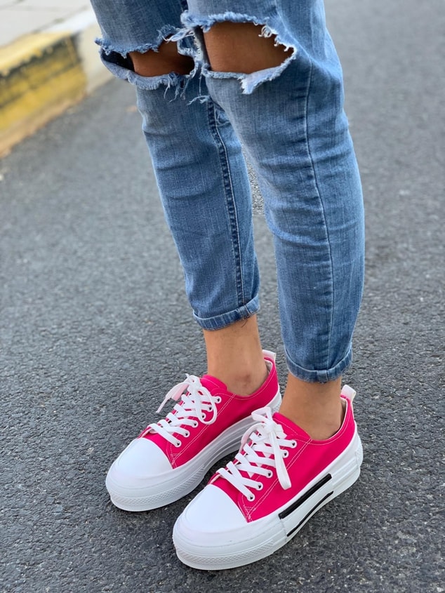 Fuşya Deri (Blackberry) Kadın Yüksek Tabanlı Sneakers