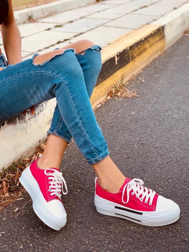 Fuşya Deri (Blackberry) Kadın Yüksek Tabanlı Sneakers