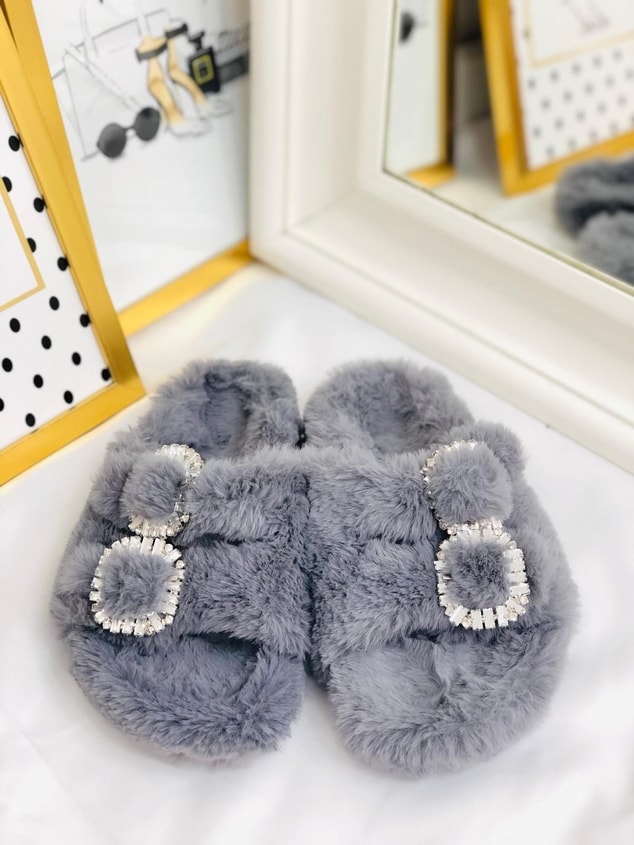 Gri (Boop) Taşlı Pofuduk Ev Terliği