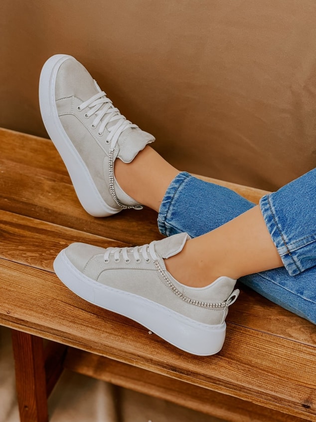 Gri Süet (Jersey) Taş Detay Kadın Bağcıklı Sneakers