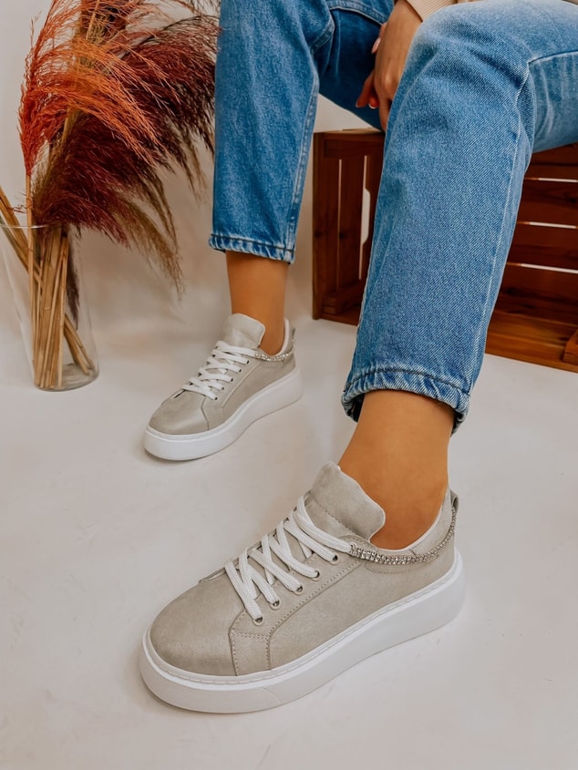 Gri Süet (Jersey) Taş Detay Kadın Bağcıklı Sneakers