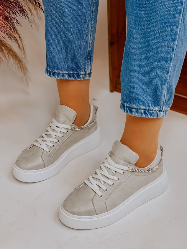 Gri Süet (Jersey) Taş Detay Kadın Bağcıklı Sneakers