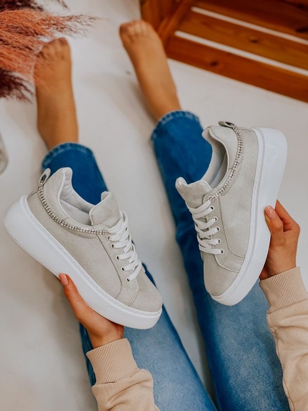 Gri Süet (Jersey) Taş Detay Kadın Bağcıklı Sneakers