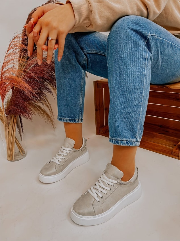 Gri Süet (Jersey) Taş Detay Kadın Bağcıklı Sneakers