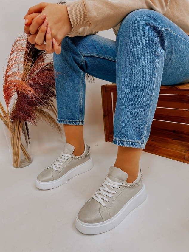 Gri Süet (Jersey) Taş Detay Kadın Bağcıklı Sneakers