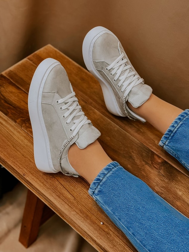 Gri Süet (Jersey) Taş Detay Kadın Bağcıklı Sneakers