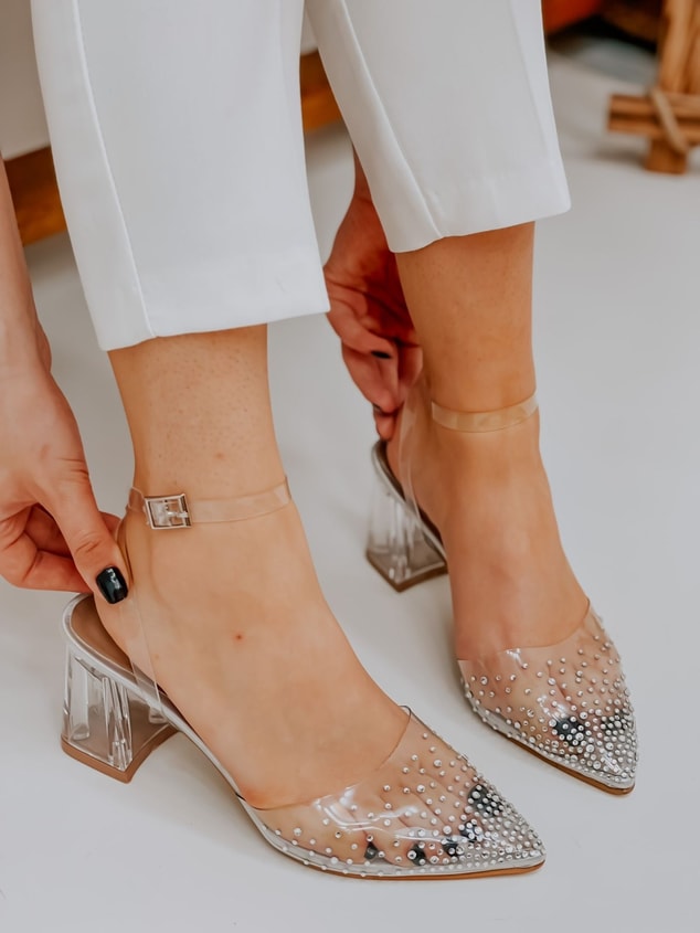 Hologram Şeffaf (Drop) Taş Detay Bilek Bağlamalı Kadın Stiletto