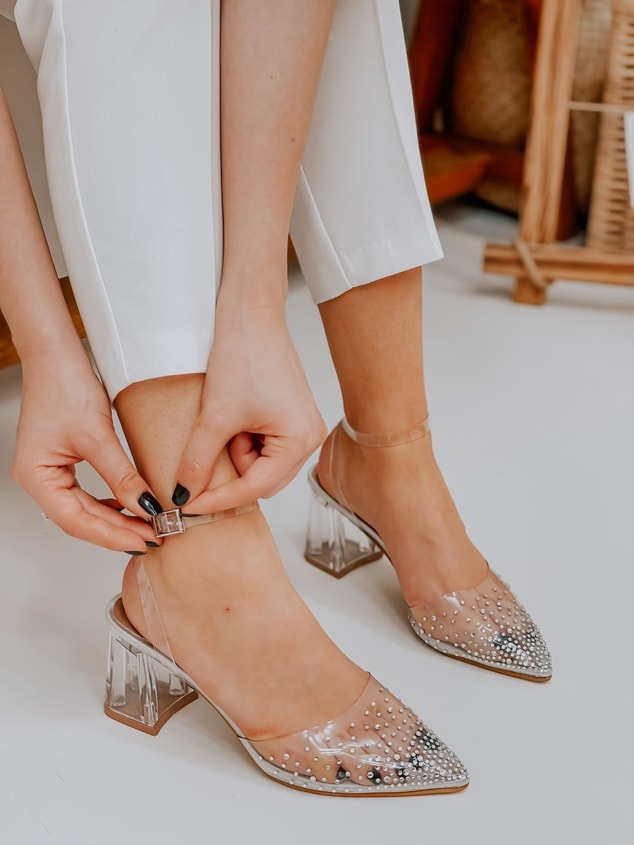 Hologram Şeffaf (Drop) Taş Detay Bilek Bağlamalı Kadın Stiletto