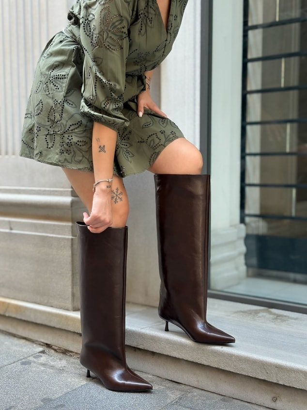 Kahve Cilt (Veray) XL Oversize Kalın Baldır 5 Cm Mini Topuk Çizme