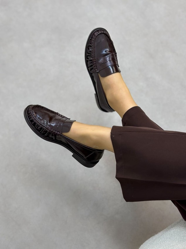 Kahve Kırışık Deri (Barry) Saraç Detaylı Düz Taban Kadın Loafer