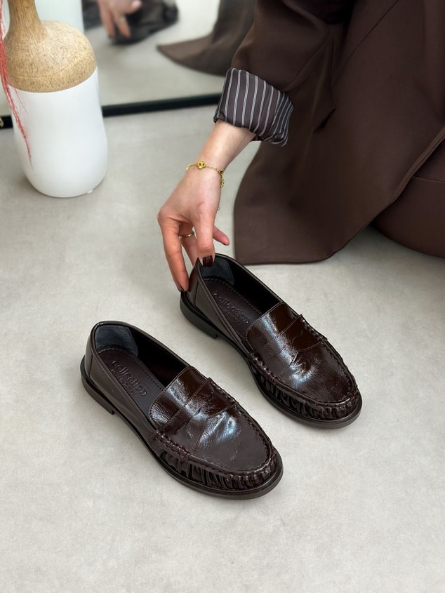 Kahve Kırışık Deri (Barry) Saraç Detaylı Düz Taban Kadın Loafer
