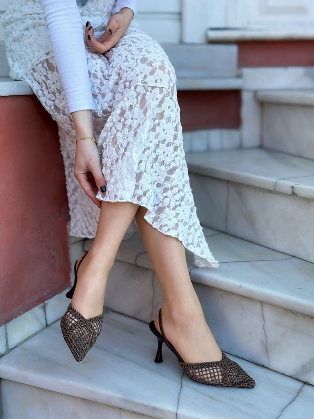 Kahve Örgü (Leay) Lastikli Kadın Stiletto