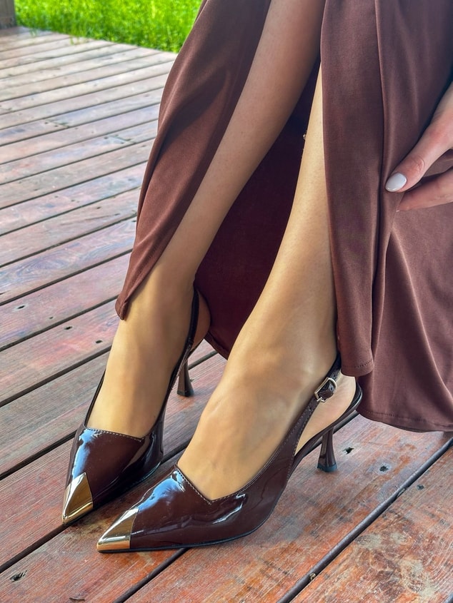 Kahve Rugan (Blue) Gold Metal Parça Detay Kadın Stiletto