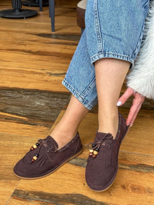 Kahve Süet (Shake) Saraçlı Boncuk Detay Kadın Loafer