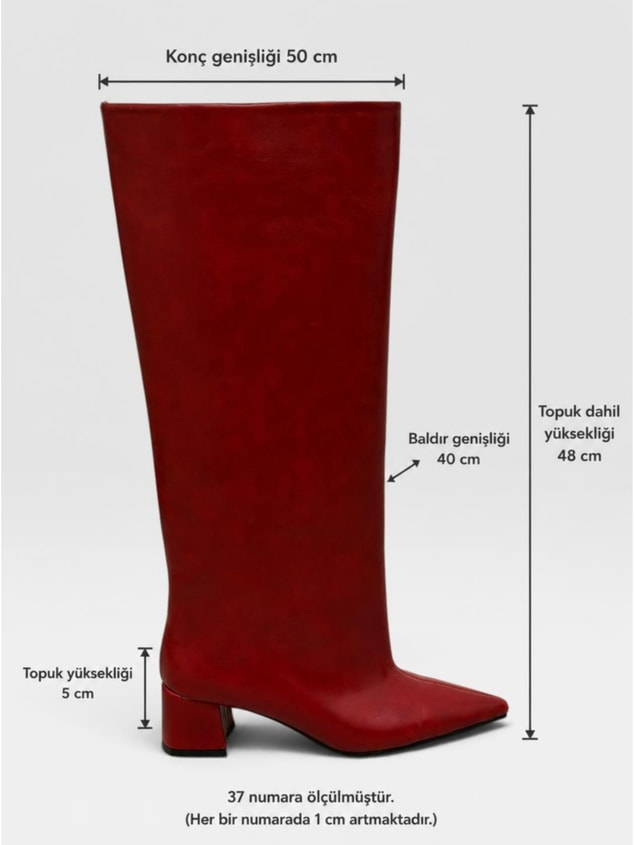 Kırmızı Cilt (Losy) XL Geniş Konç Kalın Bacak 5 Cm Topuklu Çizme