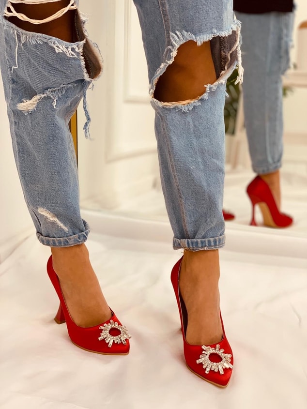 Kırmızı Saten (Sunx) Büyük Numara Kadın Stiletto
