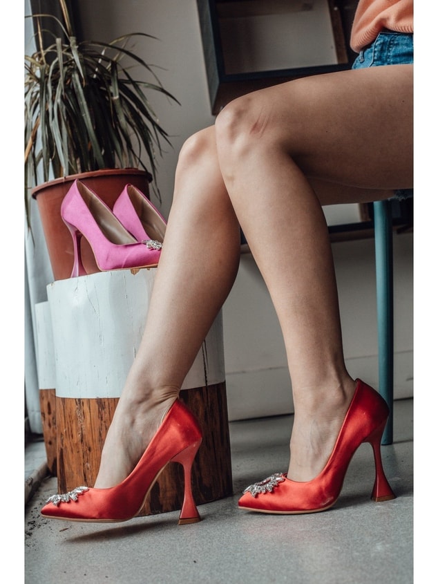 Kırmızı Saten (Sunx) Büyük Numara Kadın Stiletto