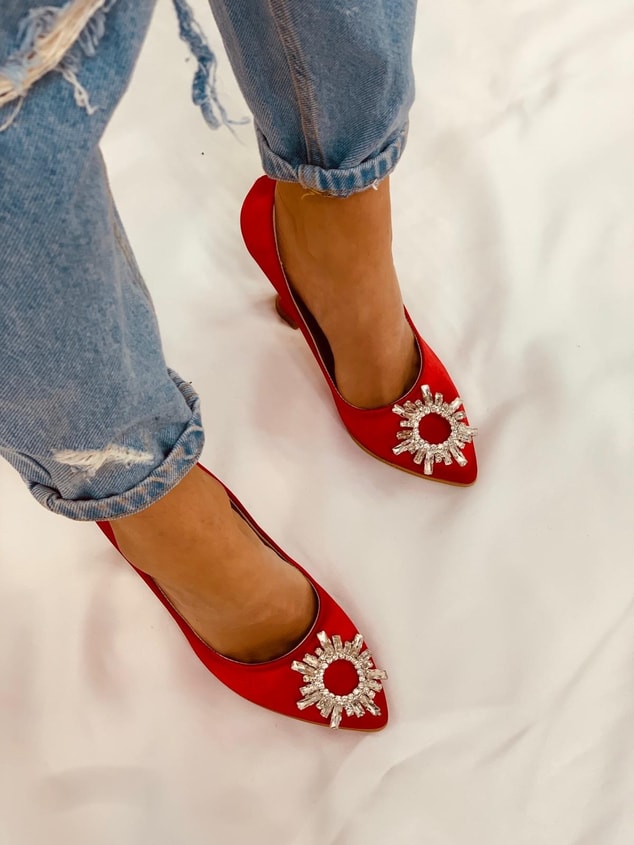 Kırmızı Saten (Sunx) Büyük Numara Kadın Stiletto