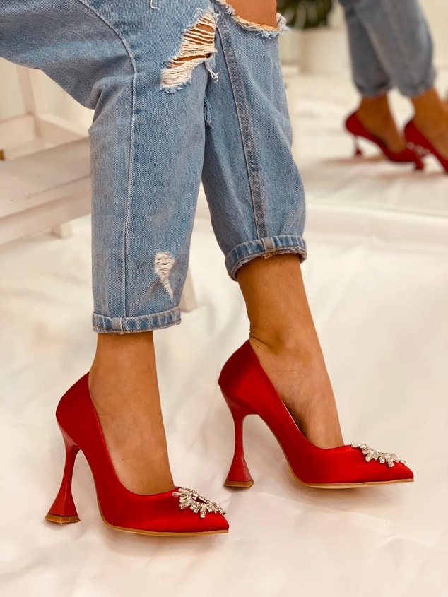 Kırmızı Saten (Sunx) Büyük Numara Kadın Stiletto