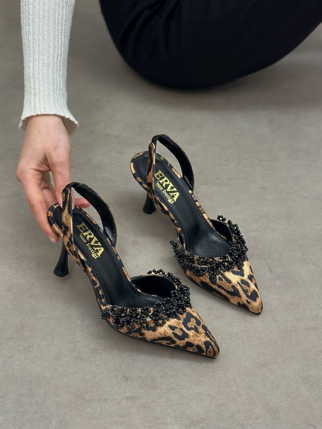 Leopar Saten (Cecily) İnci Detay Kadın Stiletto