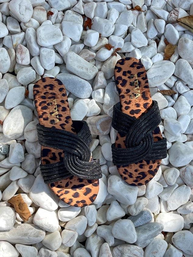Leopar Saten (Tiny) Çapraz Taş Detay Kadın Terlik