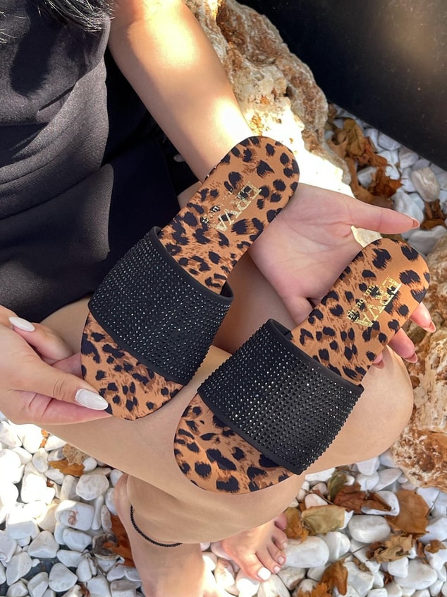 Leopar Saten (Vase) Taş Detay Kadın Terlik