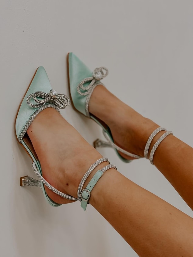 Mint Yeşil Saten (Bella) Taş Detay Kadın Stiletto