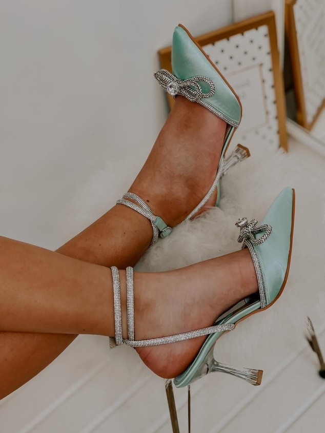 Mint Yeşil Saten (Bella) Taş Detay Kadın Stiletto