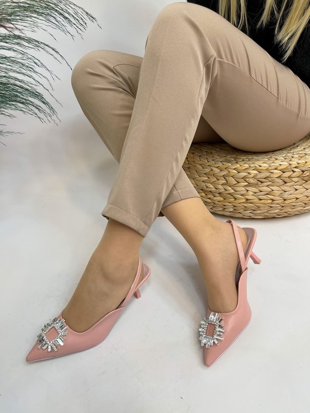 Pudra Deri (Cooper) Taş Detay Kadın Stiletto