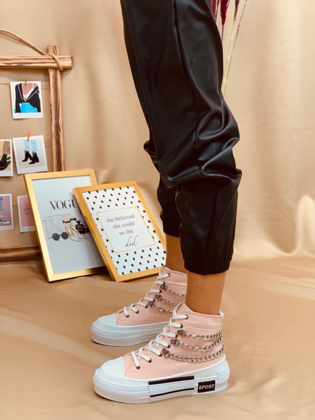 Pudra Keten (Misty) Zincir Detaylı Kadın Yüksek Tabanlı Sneakers