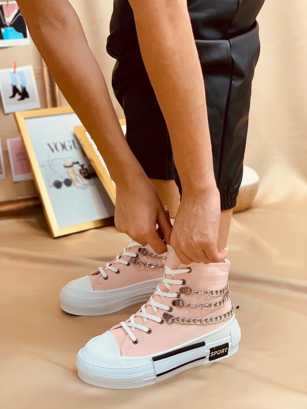 Pudra Keten (Misty) Zincir Detaylı Kadın Yüksek Tabanlı Sneakers