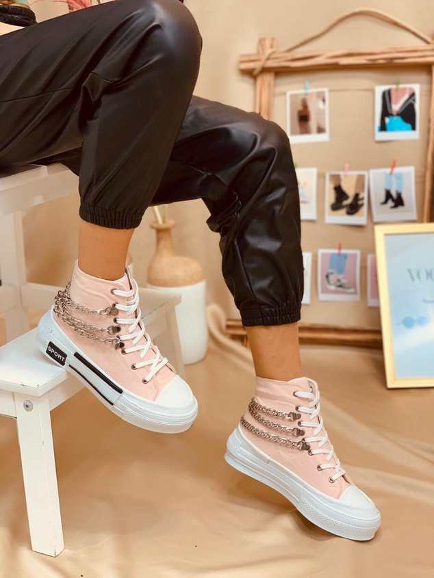 Pudra Keten (Misty) Zincir Detaylı Kadın Yüksek Tabanlı Sneakers