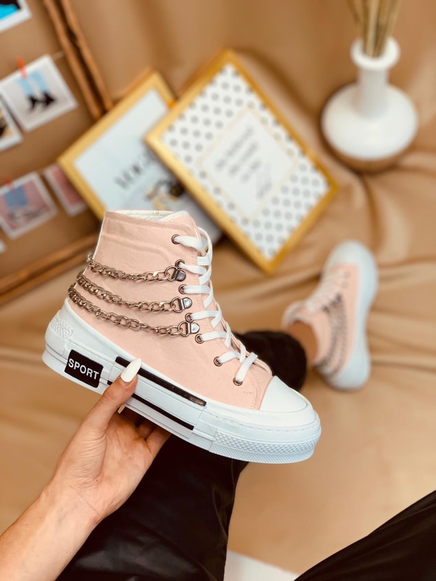 Pudra Keten (Misty) Zincir Detaylı Kadın Yüksek Tabanlı Sneakers