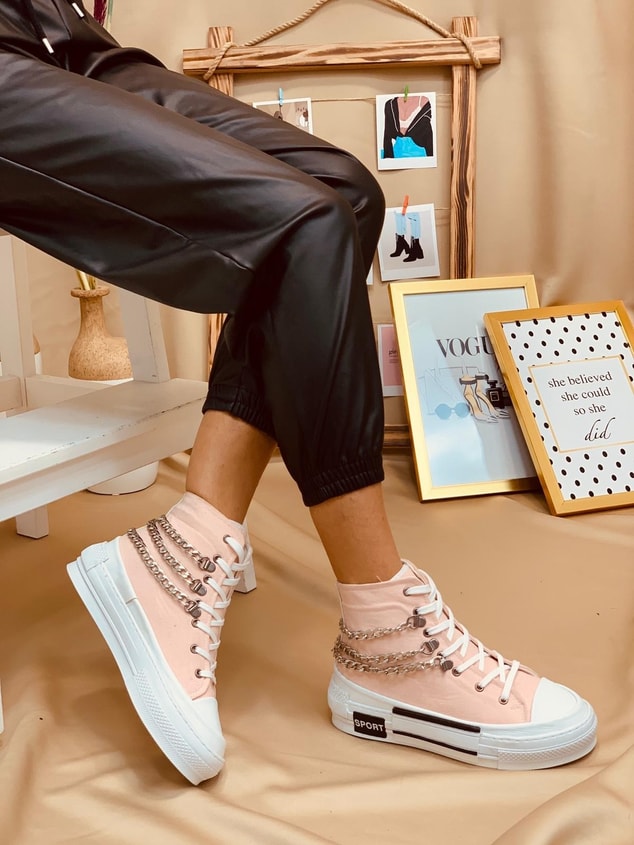 Pudra Keten (Misty) Zincir Detaylı Kadın Yüksek Tabanlı Sneakers
