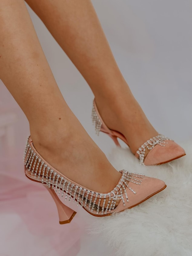 Pudra Şeffaf (Glare) Taş Detay Açık Kadın Stiletto