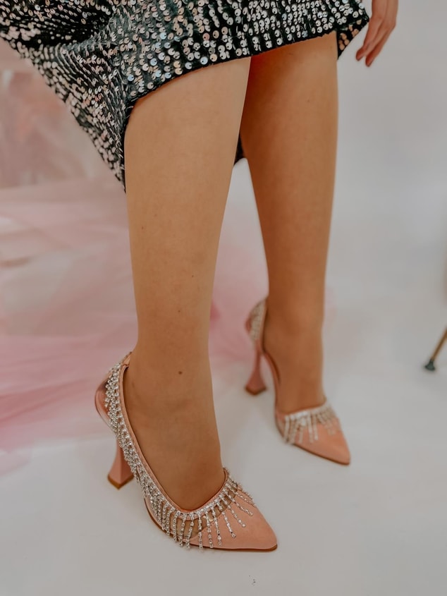 Pudra Şeffaf (Glare) Taş Detay Açık Kadın Stiletto