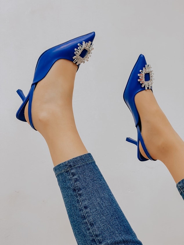 Saks Mavi Deri (Cooper) Taş Detay Kadın Stiletto