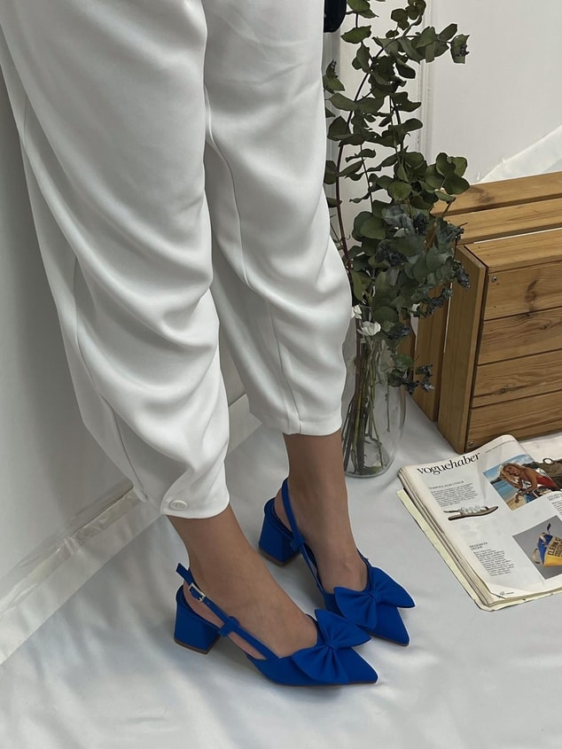 Saks Mavi Saten (Fairy) Fiyonk Detay Kadın Topuklu Ayakkabı