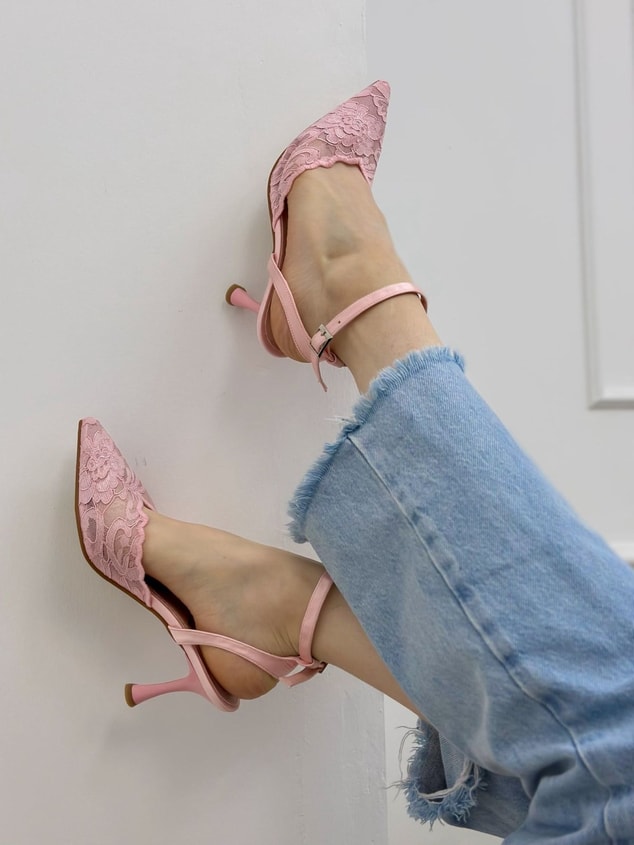 Şeker Pembe Dantel (Vusuel) Nakışlı Arka Bant Detaylı Kadın Stiletto