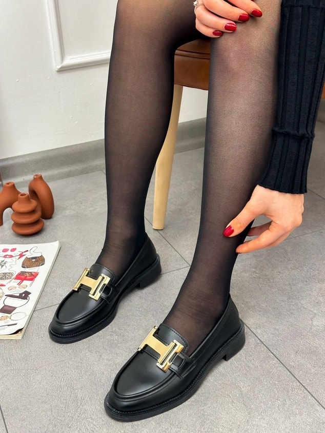 Siyah Cilt ( Ellie) Gold Toka Detay Ortopedik Taban Kadın Loafer