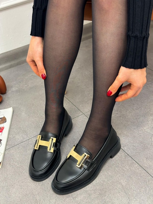 Siyah Cilt ( Ellie) Gold Toka Detay Ortopedik Taban Kadın Loafer